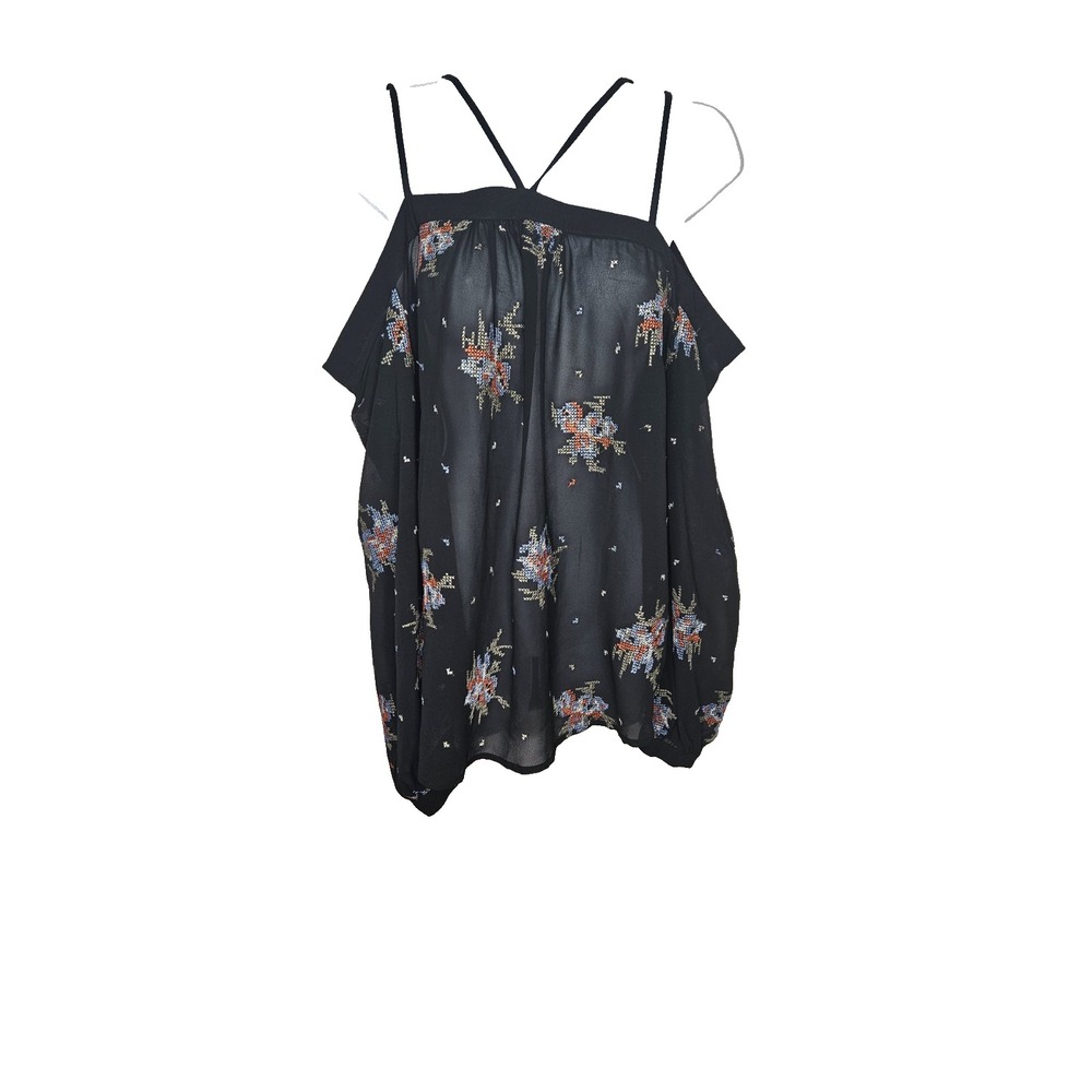 Ro & De Women's M‎ Black Floral Embroidered Cold Shoulder Strappy Tank Top